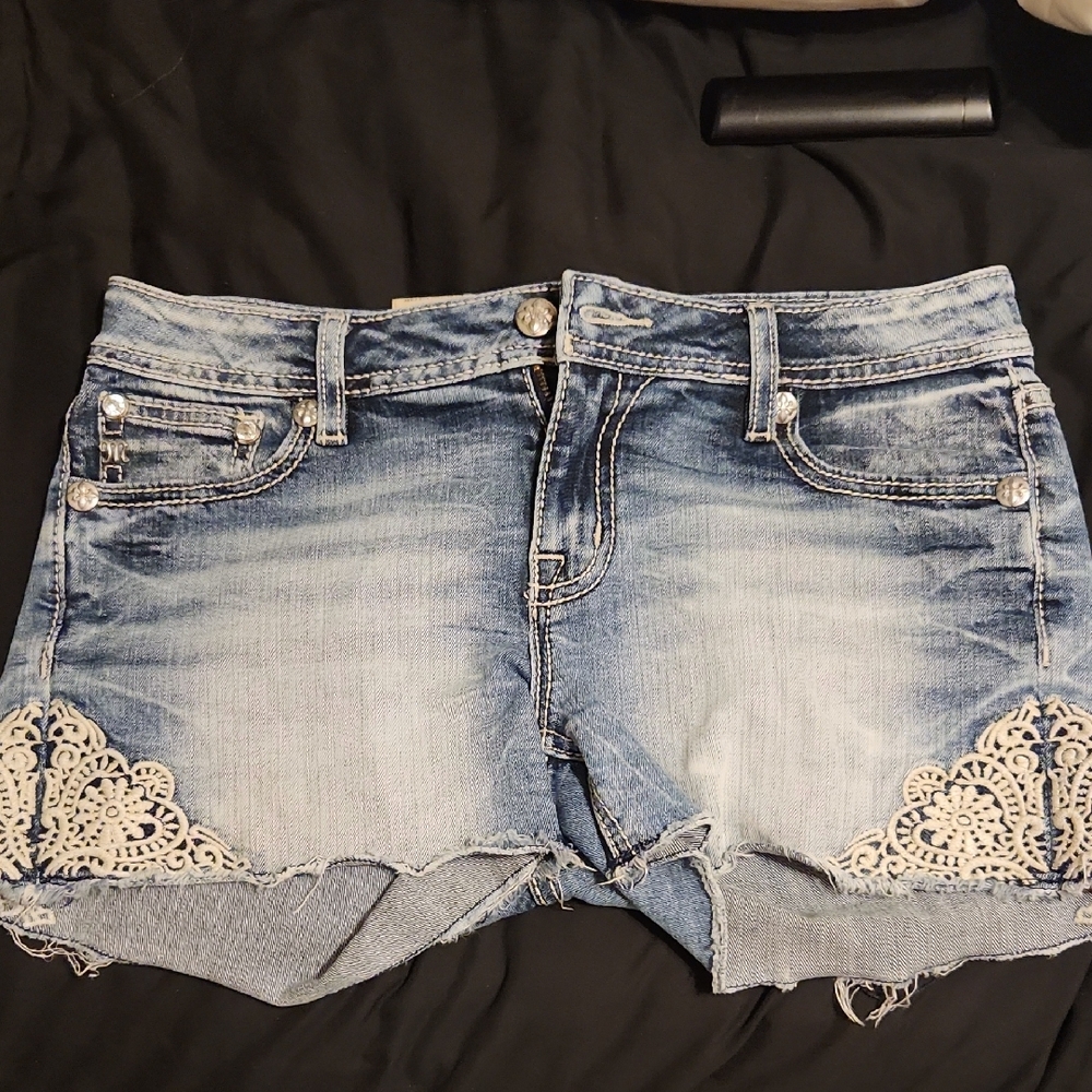 Miss Me Blue Jean Shorts with Cream Lace